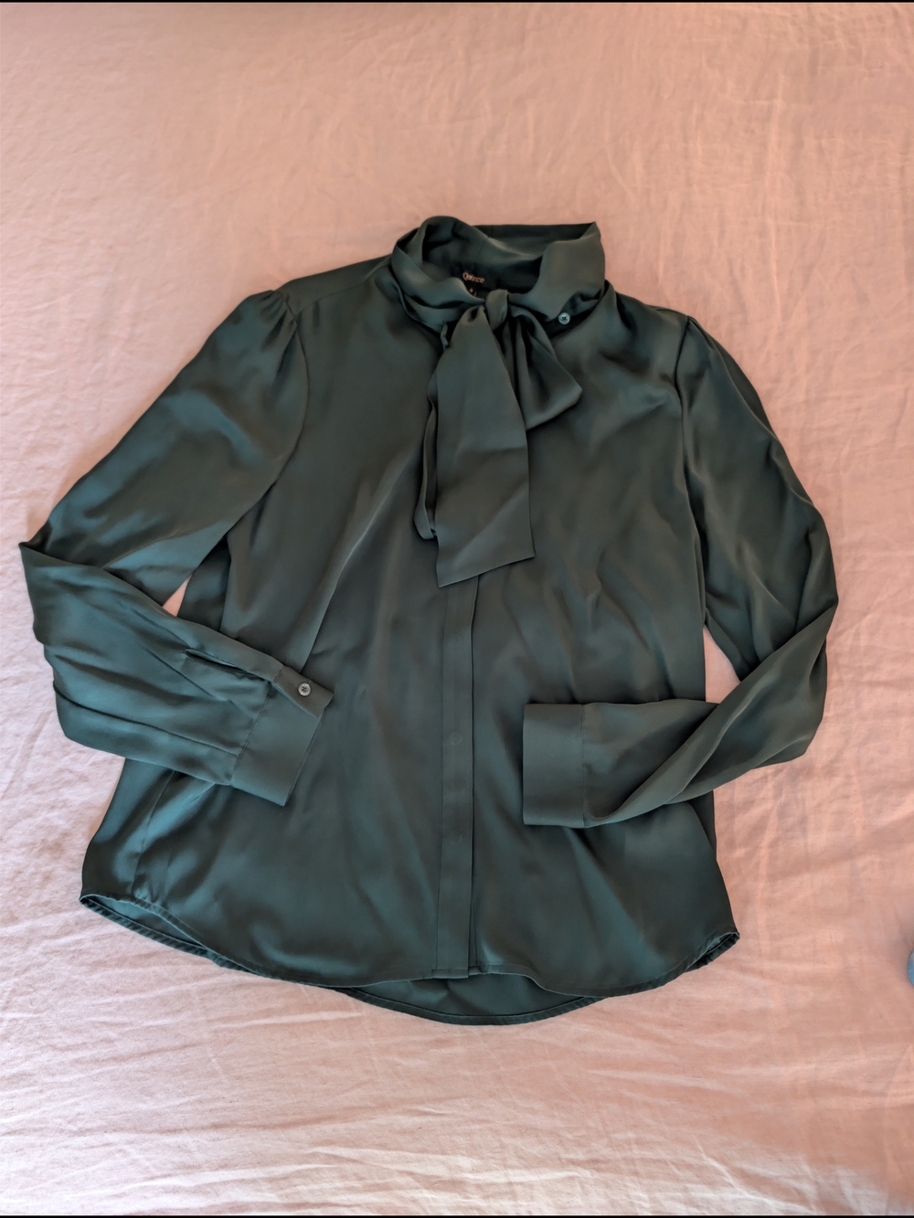 Quince Deep Green Tie-Neck Washable Silk Blouse Small NWOT